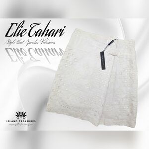 NWT Elie Tahari 100% Linen Eyelet White Fully Lined Skirt Size 10 With Side Bow